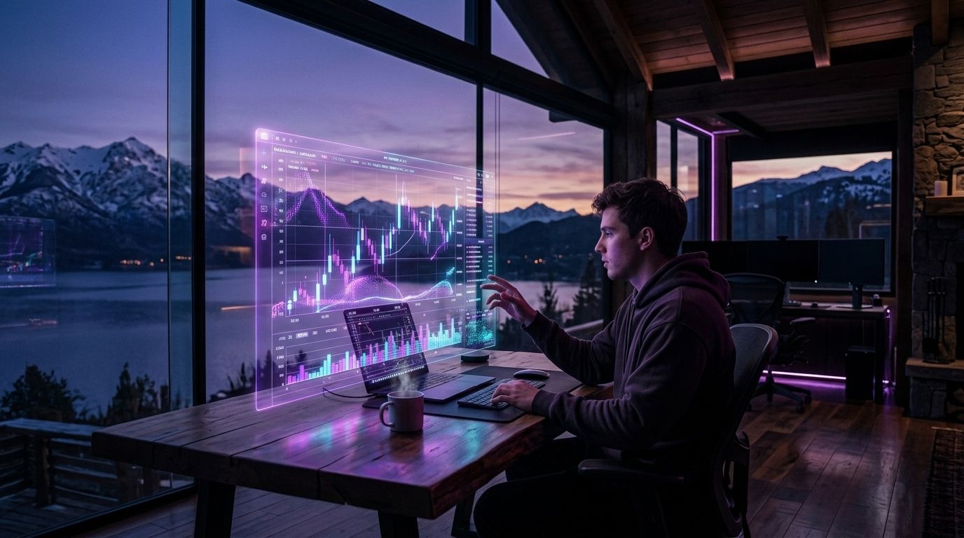 Persona frente a un gráfico holográfico, con el lago y las montañas de la Patagonia de fondo